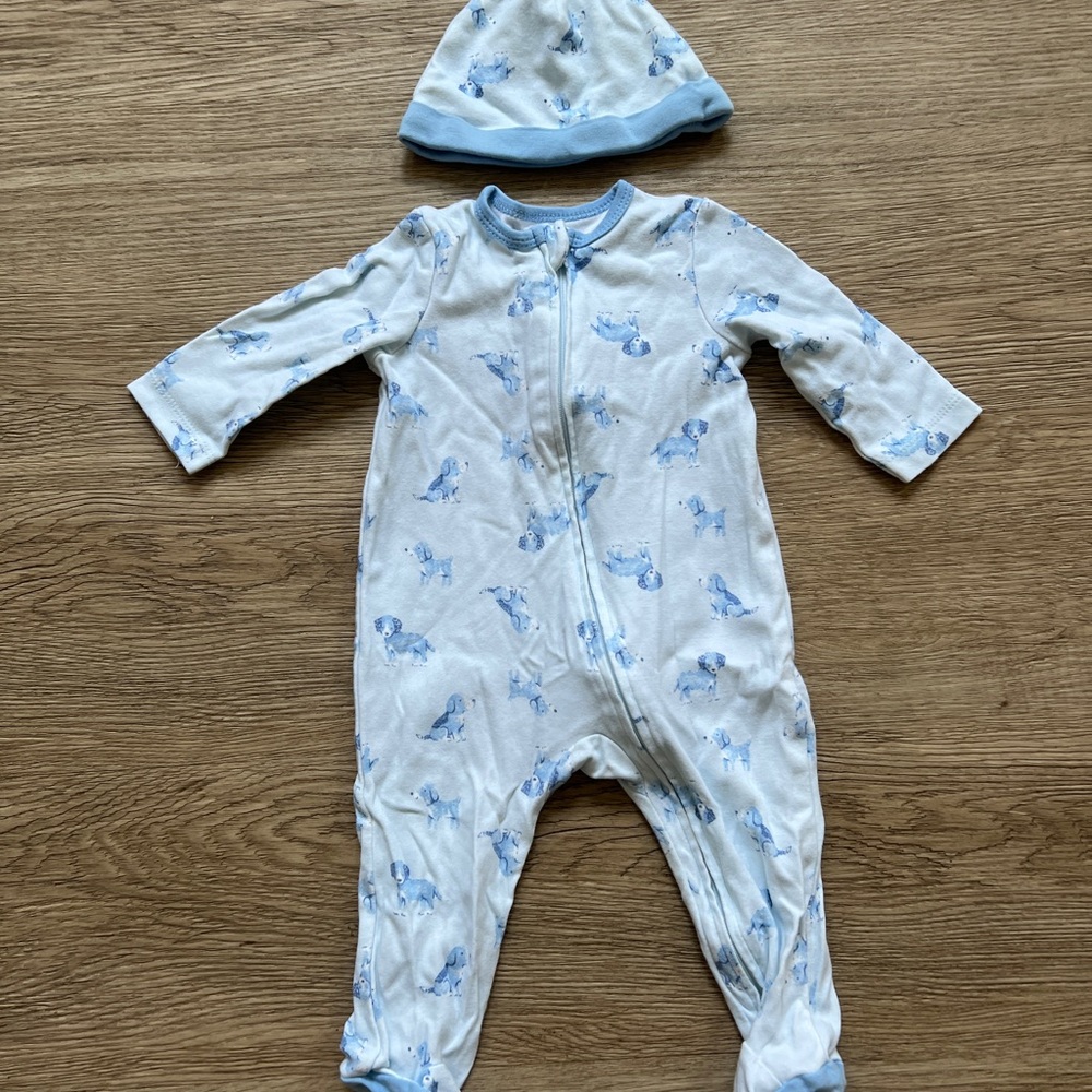 Little Me Baby Outfit Puppy Print Footed Zipper Pajama and Hat Set - Size 9m